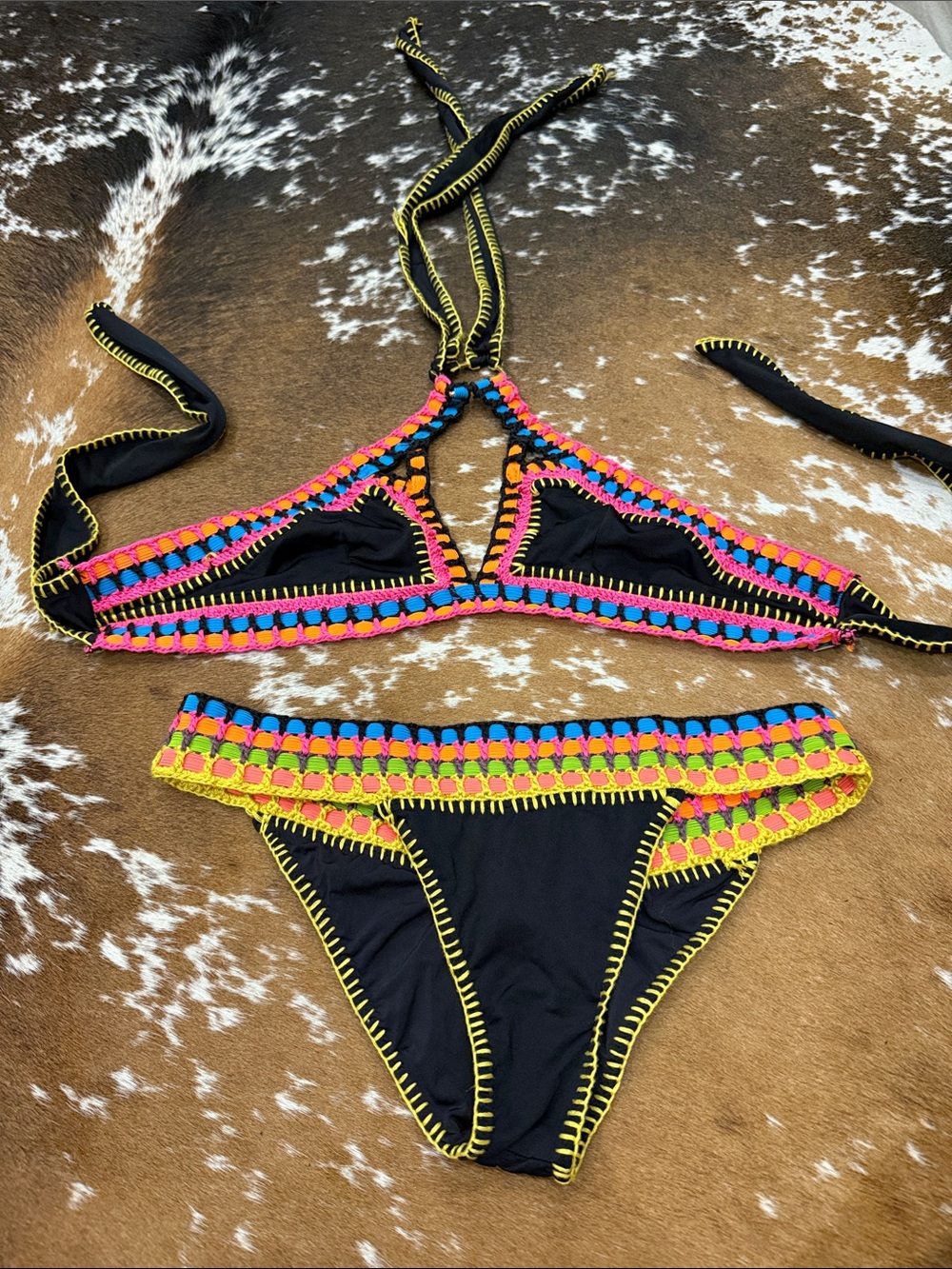 Beach Bunny Black Bikini with Neon Pink Blue and Yellow Crochet Trim
